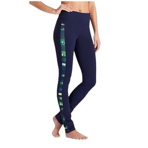 Athleta Flow Skinny Up Navy Leaf Print Stripe Workout Yoga Pant Leggings Size XS